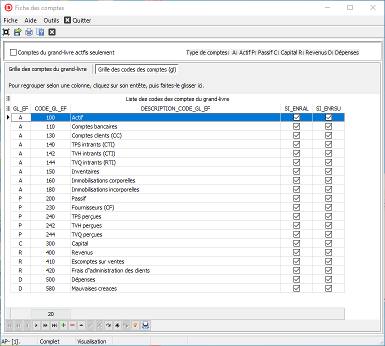 Onglet Grille des codes des comptes